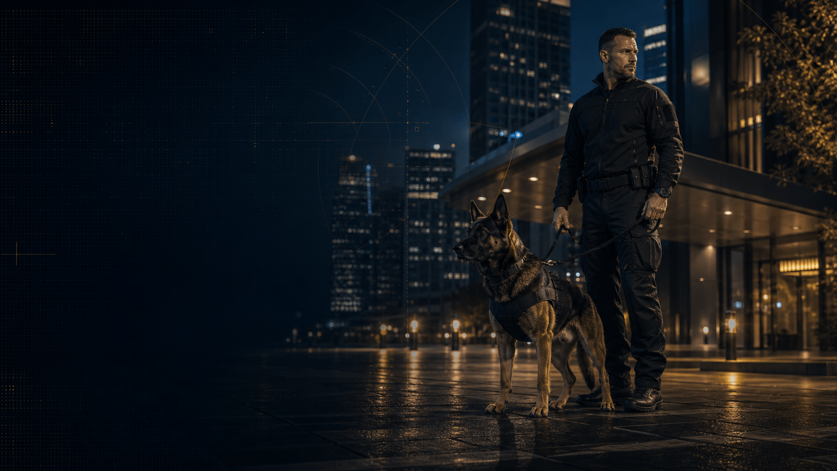 Professional K9 detection team in a dark urban security environment