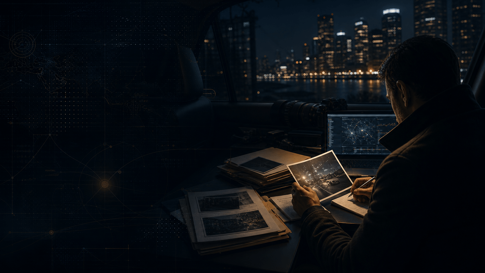 Discreet private investigation intelligence scene over a night city